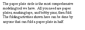 Text Box: The paper plate circle is the most comprehensive      modeling tool we have.  All you need are paper plates, masking tape, and bobby pins; then fold.
The folding activities shown here can be done by anyone that can fold a paper plate in half.
